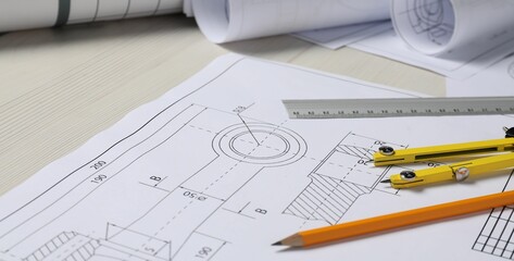 Different engineering drawings, pencil, ruler and divider on wooden table, closeup
