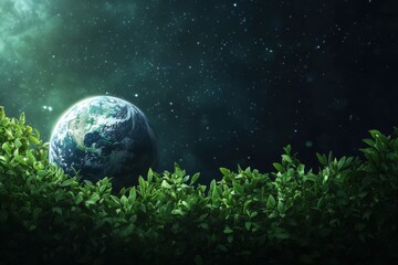 Sphere positioned on lush foliage with a vibrant, artistic background