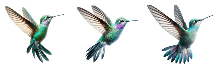 Fototapeta premium delicate hummingbird hovering mid-air with its iridescent wings in motion. Capturing the bird’s graceful flight. Three PNG images Isolated on white or transparent background.
