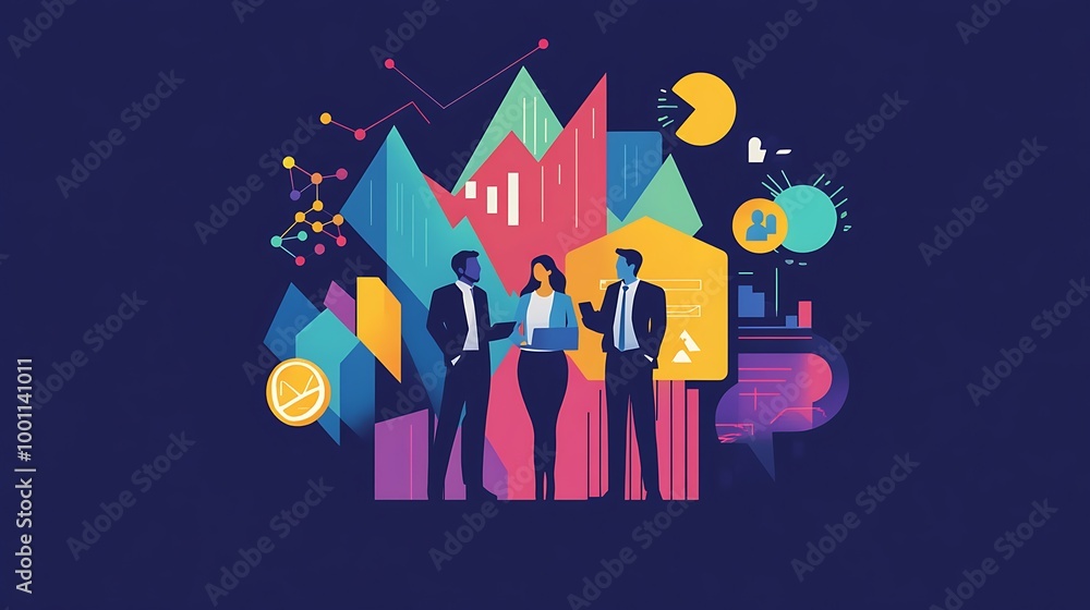 Poster A group of three business people stand in front of colorful abstract shapes and charts, representing data and growth.