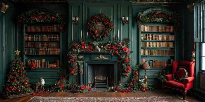A beautifully decorated vintage library with an elegant Christmas theme featuring an old fireplace, shelves of books, and festive green and red ornaments