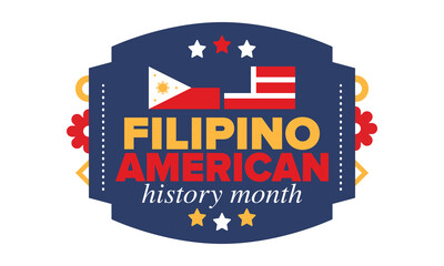 Filipino American History Month. Happy holiday celebrate annual in October. Filipinos and United States flag. Culture month. Patriotic design. Poster, card, banner, template. Vector illustration