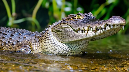 Obraz premium Close-up shot of a crocodile half-submerged in water with greenery in the background, highlighting its detailed scales and sharp teeth.