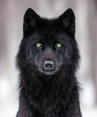 Portrait of a Black Wolf with Piercing Green Eyes in a Snowy Landscape