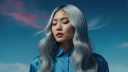 Young woman with short grey hair, dark lips, and steady gaze in a gradient background