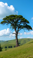A lone tree standing tall on a hilltop, overlooking a vast green landscape with a sky filled with fluffy white clouds, evoking a sense of solitude and natural beauty