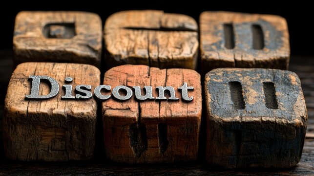 A vintage-themed image with six rustic wooden blocks displaying various symbols and the word Discount prominently featured in metallic letters