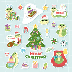 Snake on stickers. Christmas and New 2025 Year sticker pack. Cartoon, vector.