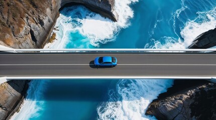 Blue Car Drives Over Bridge Across Turquoise Ocean