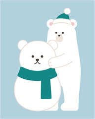 雪だるまを作る白熊のベクターイラスト。冬、マフラー、帽子、シロクマ、ホッキョクグマ、クリスマス