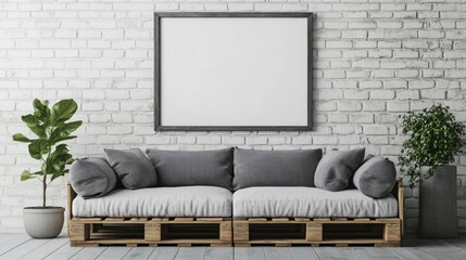 Modern Pallet Sofa with Empty Frame on White Brick Wall