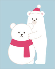 雪だるまを作る白熊のベクターイラスト。冬、マフラー、帽子、シロクマ、ホッキョクグマ、クリスマス