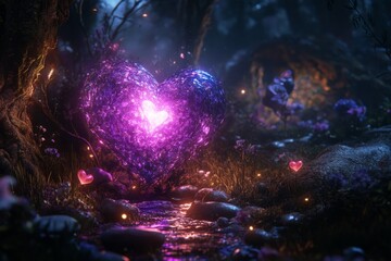 Fototapeta premium A mystical heart made of sparkling gems glows in a forest. Its vibrant purple hues enchant the surroundings. This artwork captures love and beauty in nature. Generative AI