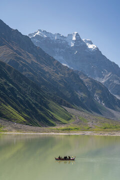 Vertical landscape view of Saiful Muluk lake and Malika Parbat mountain near Naran, Kaghan valley, Khyber Pakhtunkhwa, Pakistan