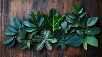 An elegant arrangement of dark green plant leaves in various shapes and sizes, artistically placed on a warm-toned wooden background.