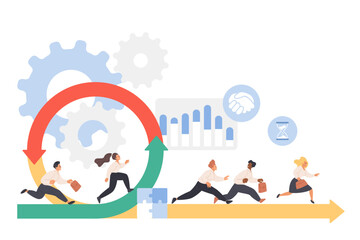 Agile scrum methodology, project management and organization, cyclic development process with data diagram control. Tiny people team running fast on circular arrow cartoon vector illustration