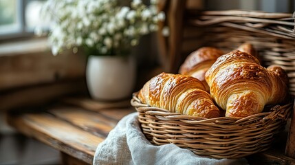 Rustic Baked Croissants on Wooden Table