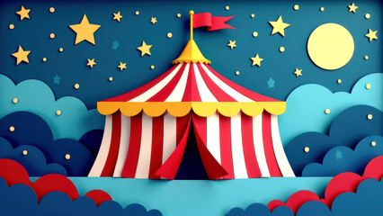 Obraz premium Brightly Colored Circus Tent Against a Starry Night with Paper Cut Moon