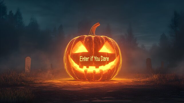 Glowing Pumpkin with Enter if You Dare Carved In at Fog-Covered Graveyard Entrance.