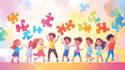 Joyful Children Playing with Puzzles