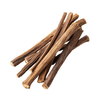 Dried licorice root sticks arranged on a transparent background