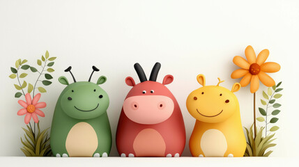 Naklejka premium A group of cute, colorful hippo-like animals enjoying flowers in a peaceful garden. Their friendly expressions and soft colors create a joyful and serene scene.