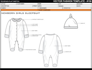 NEWBORN GIRLS SLEEPSUIT FLAT SKETCH FASHION TEMPLATE TECHNICAL  ILLUSTRATION