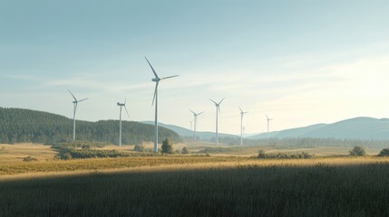 Obraz premium A windmill farm with tall white turbines spinning under clear skies, surrounded by a realistic backdrop of fields and distant hills