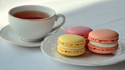 Colorful Macarons and Tea on Elegant Plate