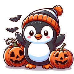 Cute Penguin With Pumpkin Halloween Cartoon Vector Icon Illustration