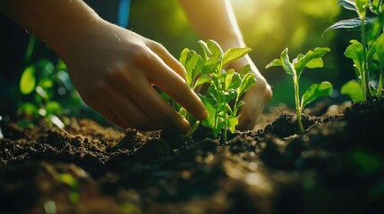 Fototapeta premium Close-Up of Hands Planting Seedlings in a Garden