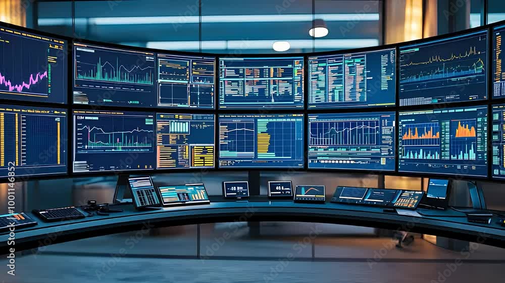 Poster advanced financial control room with multiple data screens, showcasing real-time analytics, charts, 