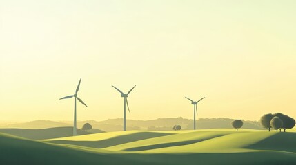 Obraz premium Wind turbines on a farm set against a stunning realistic landscape of vibrant green fields and a clear, cloudless sky