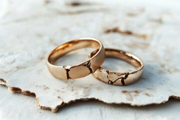 Broken wedding rings symbolizing separation or divorce, AI generated