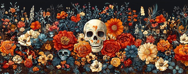 A vibrant floral frame featuring ornamental skulls, perfect for Day of the Dead (Dia De Los Muertos) celebrations, Halloween, and All Souls' Day. Ideal for invitations and decor.