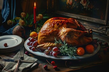 Golden Roasted Thanksgiving Turkey with Festive Herbs and Fruit on a Holiday Dinner Table