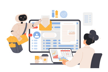 Mailbox message management with AI service. Tiny woman working with laptop, robot holding envelopes with email letters to help businesswoman with work and planning cartoon vector illustration