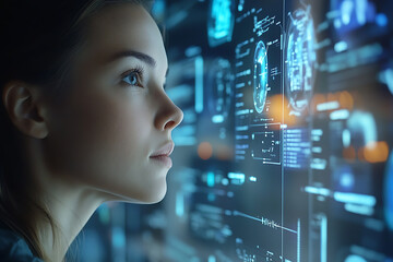 A woman analyzing futuristic holographic data, showcasing innovation and advanced technology, surrounded by binary code and designed in a wireframe plexus style.