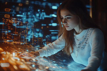 A woman analyzing futuristic holographic data, showcasing innovation and advanced technology, surrounded by binary code and designed in a wireframe plexus style.