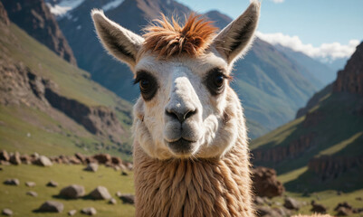 Obraz premium A llama looks directly at the camera in the Andes Mountains