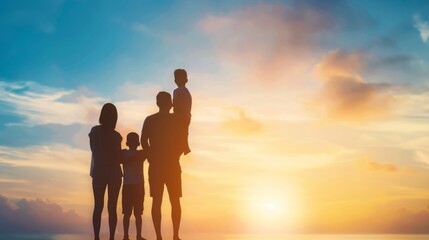 Fototapeta premium Happy family silhouette against stunning sunset sky, beautiful nature landscape evoking family vacation concept.