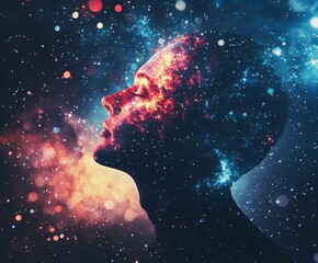 Silhouette of a person in a mysterious cosmic space with glowing stars and swirling nebula new beautiful stock image illustration AI