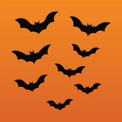 Halloween bat collection. Black bat flock vector illustration, orange background