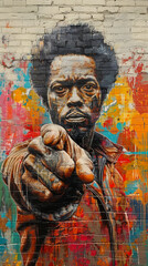 Vibrant Power to the People Mural in Detroit Depicting Man Pointing Forward, Urban Street Art with Bold Colors and Empowering Message