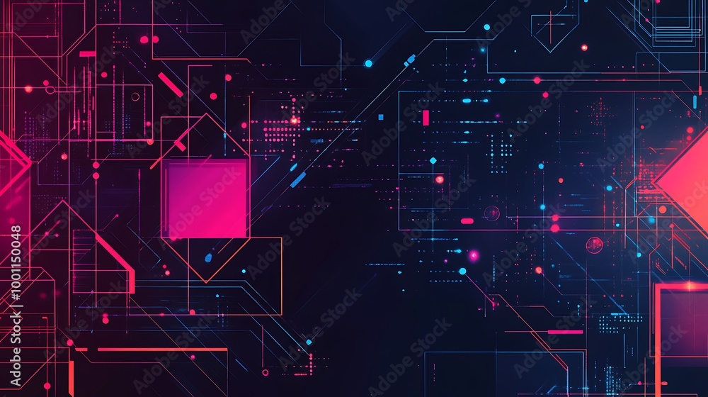 Poster Abstract digital technology background with neon glowing lines and shapes.