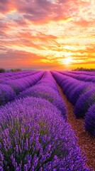 Obraz premium Lavender Fields Sunset: Sun-kissed rows of lavender bloom in a vibrant purple expanse, bathed in the golden glow of a breathtaking sunset. The clouds above are painted with hues of pink, orange.