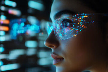 A woman analyzing futuristic holographic data, showcasing innovation and advanced technology, surrounded by binary code and designed in a wireframe plexus style.