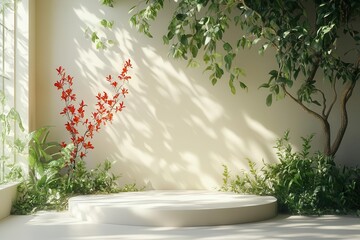 minimalist 3d display podium in soft beige tones with delicate shadows from a tree branch and lush green leaves creating an elegant backdrop for beauty product presentations