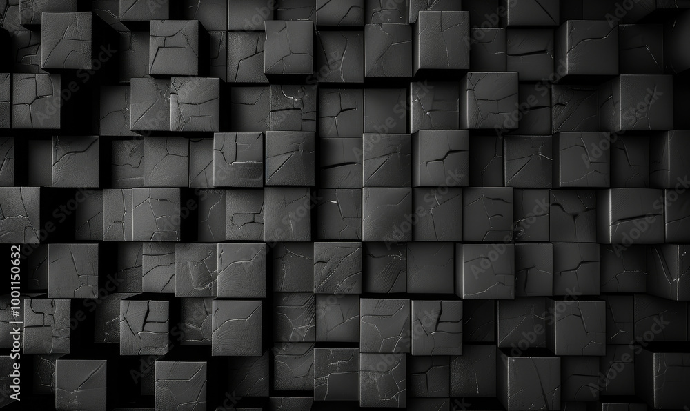 Poster intricate black cube 3d pattern with cracked texture for modern backgrounds and textures, perfect fo