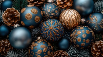 A festive and intricate arrangement of blue and gold glitter Christmas ornaments among pinecones and pine leaves showcasing the holiday spirit